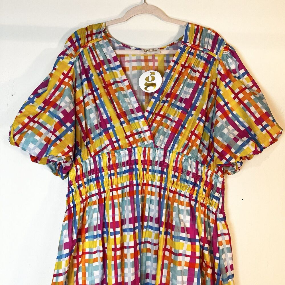 Plaid Midi Dress Colorful Stretch Smocked Waist Pink Yellow Blue NWT Sz 3X - Picture 4 of 16